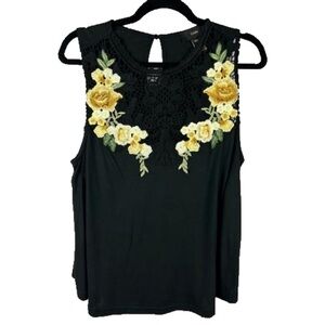 Rain Black Yellow Floral Embroidered Crochet Sleeveless Top XL
